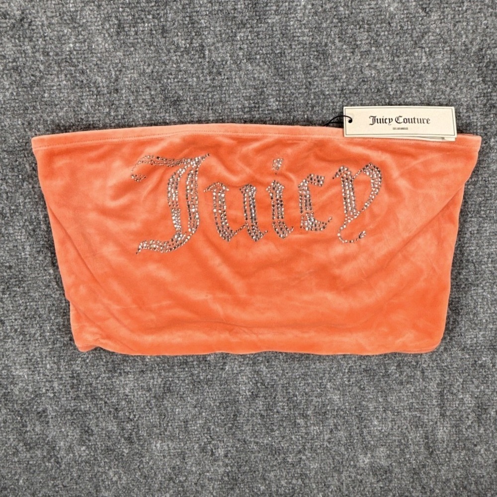 Juicy Couture Womens XL Guava Orange Velour Rhinestone Logo Tube Top NWT